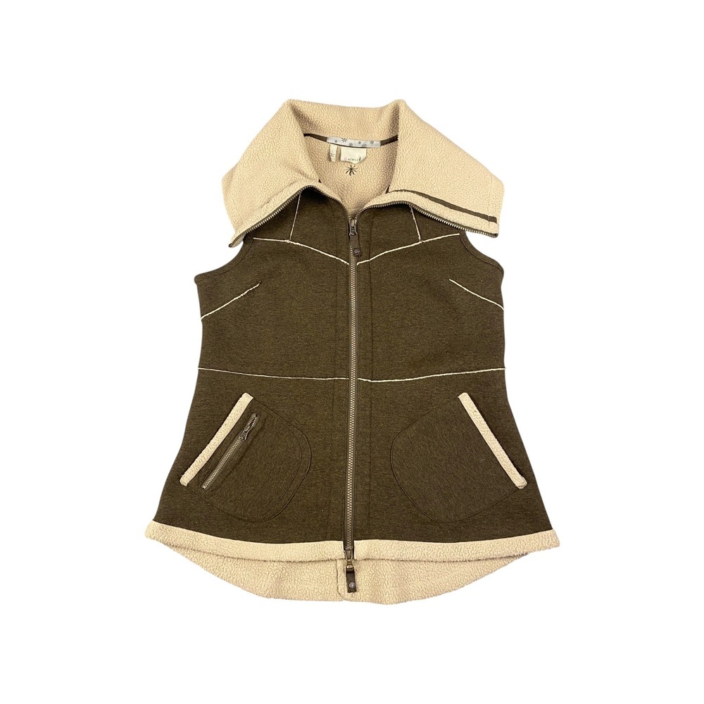 Athleta‎ Sherpa Collar Zip Vest Brown Beige Size L Outdoor Activewear Pockets